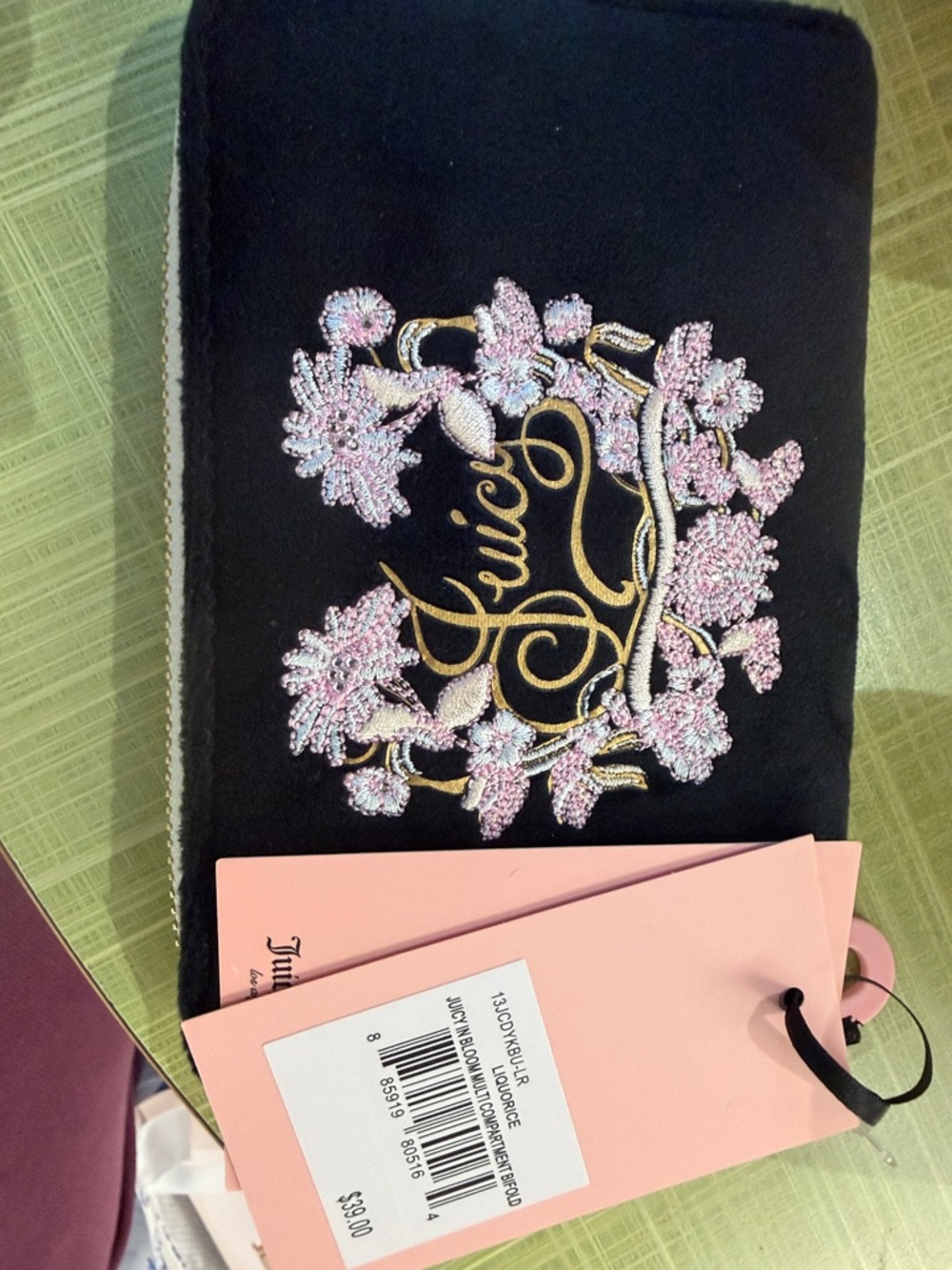 Juicy Couture Black Wallet with Pink Floral Embroidery and Gold Logo